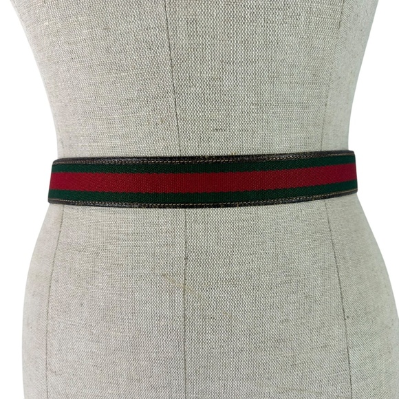 Genuine Vintage GUCCI Reversible Red Green Stripes Brown Leather GG belt 30